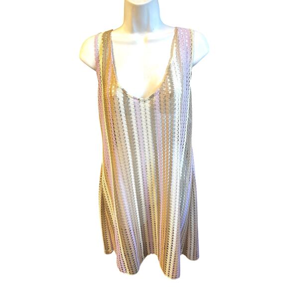 Becca Crochet Tunic Cover Up L Multicolor Sleeveless Sheer Beach Resort Vacation - Picture 1 of 6